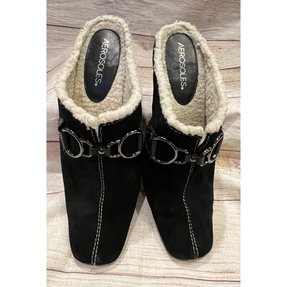 Aerosoles Cinch Shearly US 8.5 Black Suede Slide Slip On Heel Mule Clog